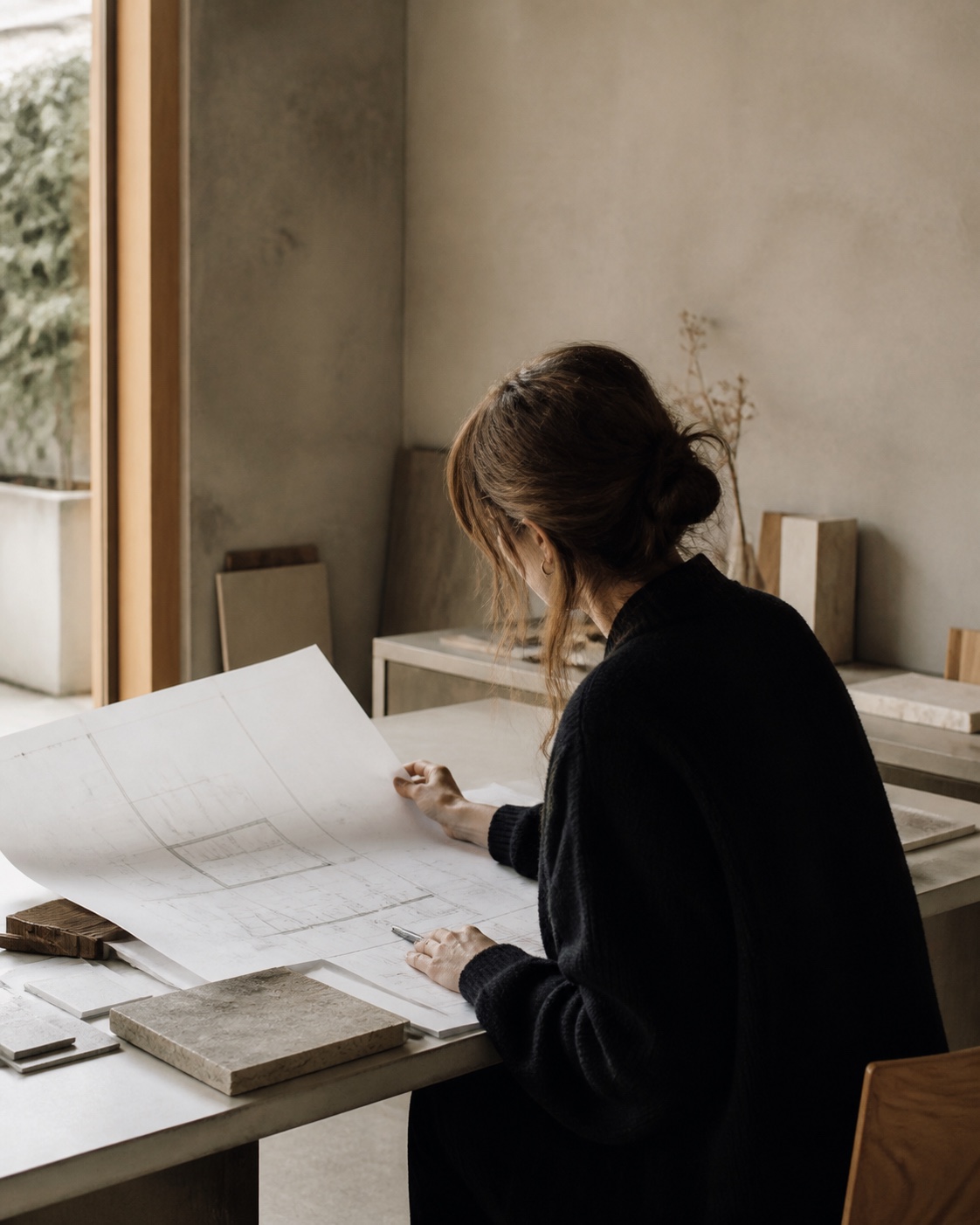 Architecte consultant des plans dans un atelier