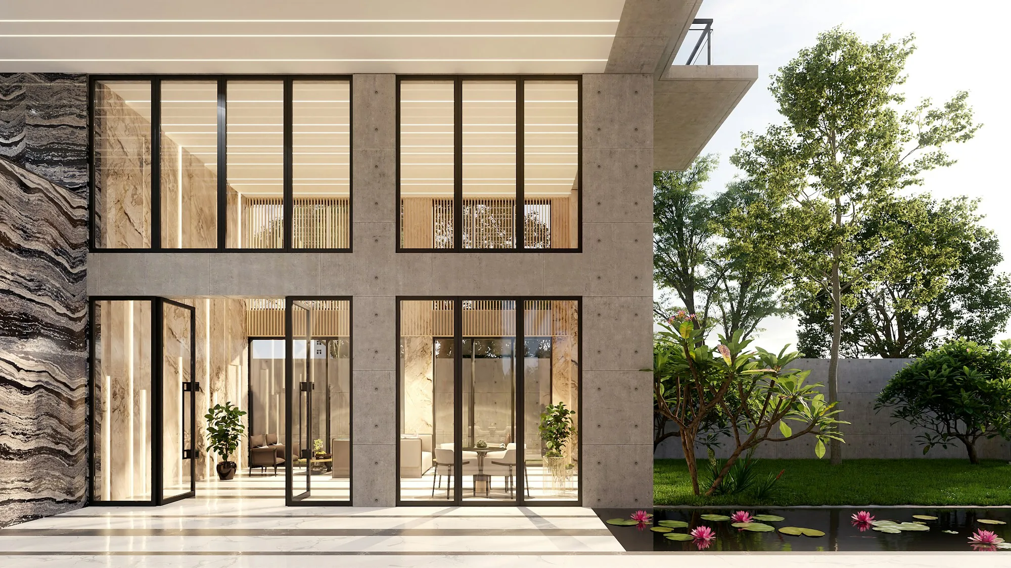Maison moderne ouverte sur un jardin planté
